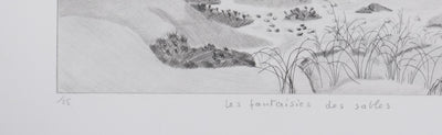 Camille COMBE : Les fantaisies des sables, Gravure originale signée