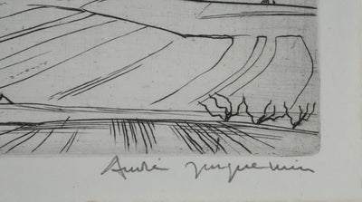 André JACQUEMIN : Les champs de blé en hiver, Gravure originale signée