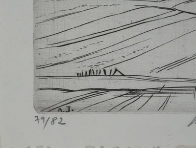 André JACQUEMIN : Les champs de blé en hiver, Gravure originale signée