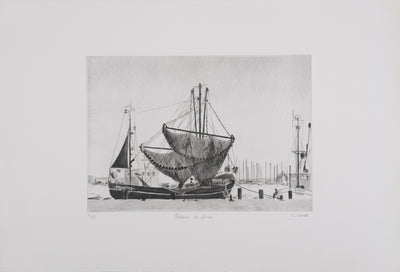 Camille COMBE : Retour de pêche, Gravure originale signée