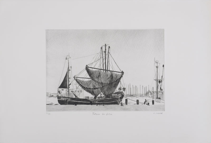 Camille COMBE : Retour de pêche, Gravure originale signée