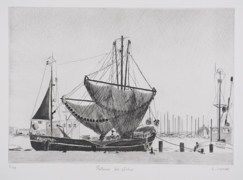 Camille COMBE : Retour de pêche, Gravure originale signée