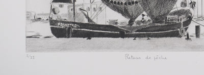 Camille COMBE : Retour de pêche, Gravure originale signée