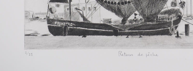 Camille COMBE : Retour de pêche, Gravure originale signée