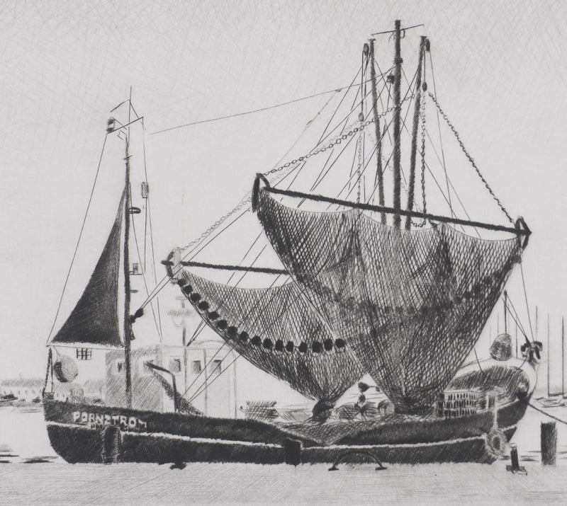 Camille COMBE : Retour de pêche, Gravure originale signée