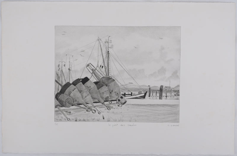 Camille COMBE : Le port des bouées, Gravure originale signée