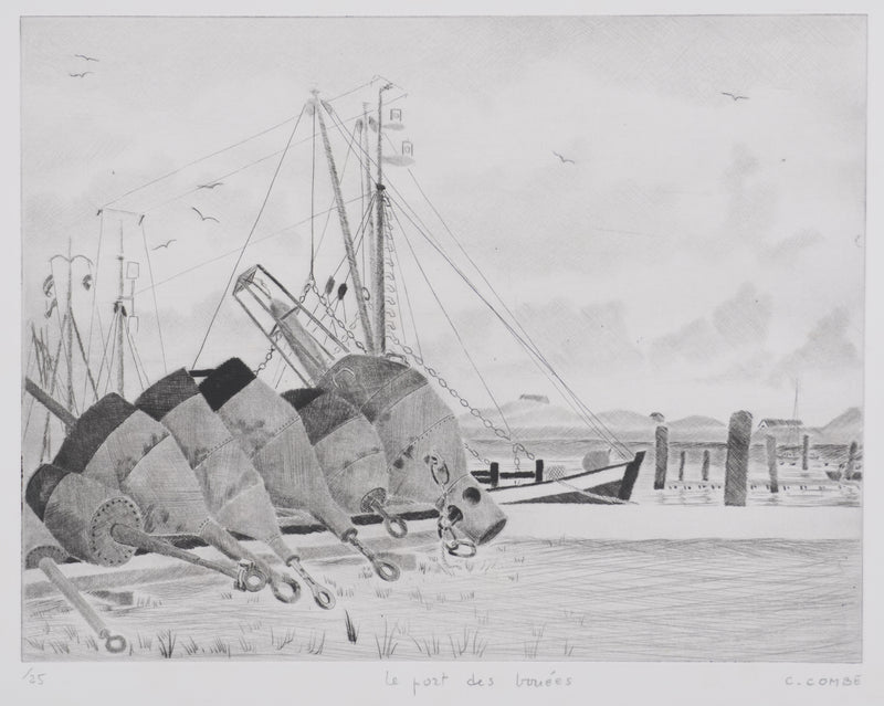 Camille COMBE : Le port des bouées, Gravure originale signée