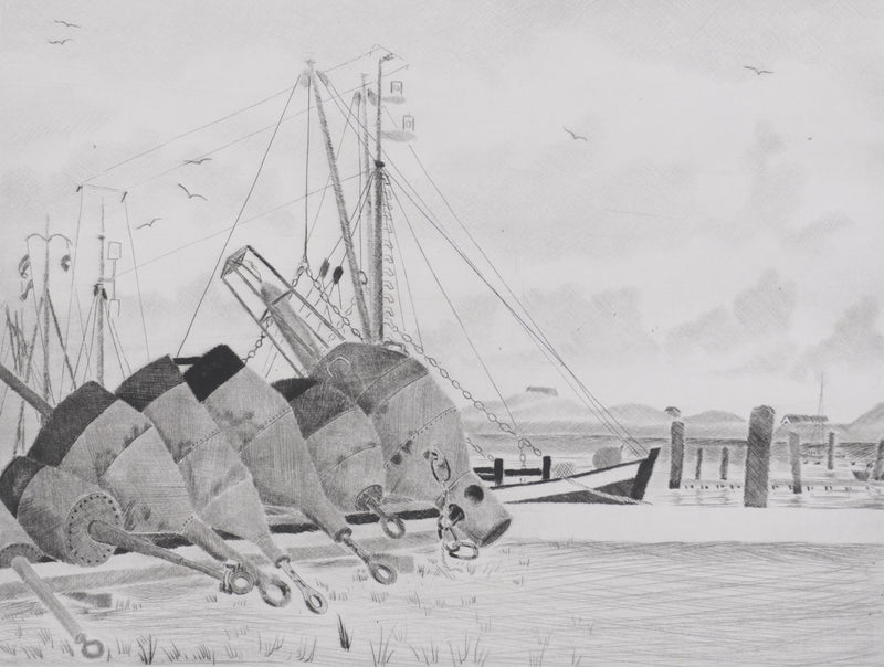Camille COMBE : Le port des bouées, Gravure originale signée