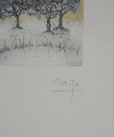 Mija ALLOUCHE : Les chênes au lever de soleil, Gravure originale signée