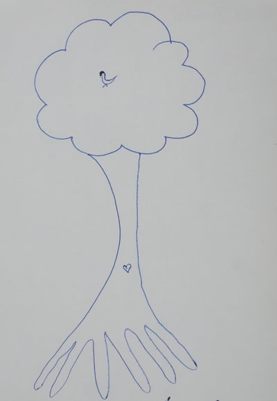 Michel TOURNIER : L'arbre au petit oiseau, Autographe et dessin original signé