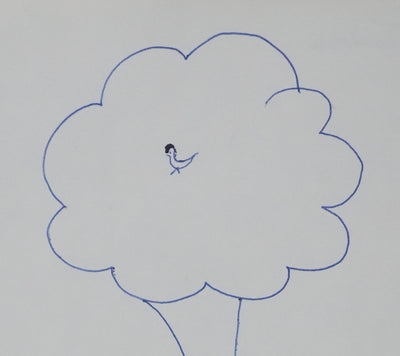 Michel TOURNIER : L'arbre au petit oiseau, Autographe et dessin original signé