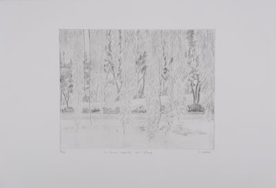 Camille COMBE : La brume argentée sur l'étang, Gravure originale signée