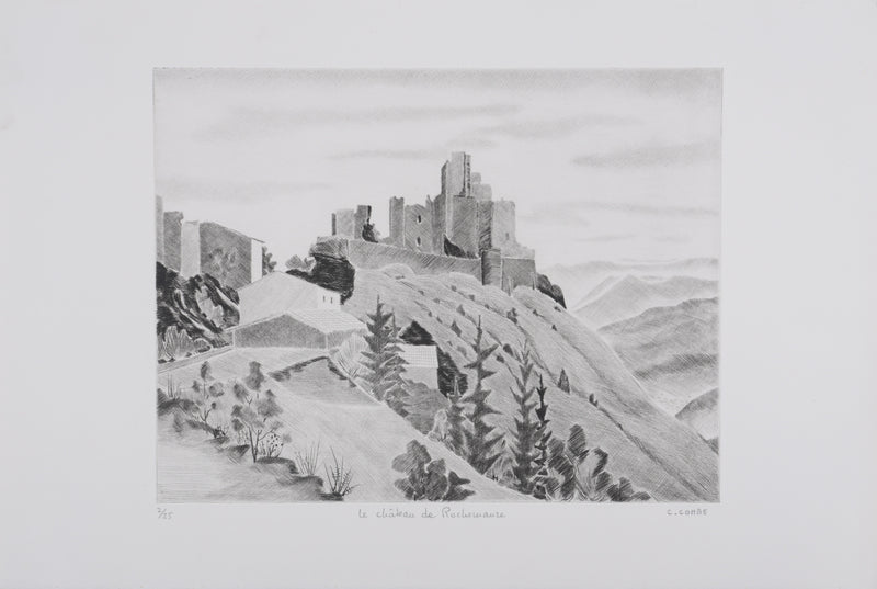 Camille COMBE : Le château de Rochemaure, Gravure originale signée