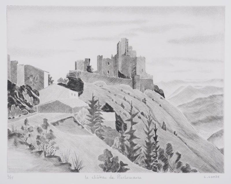 Camille COMBE : Le château de Rochemaure, Gravure originale signée