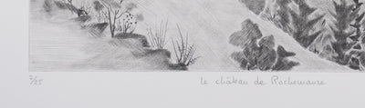 Camille COMBE : Le château de Rochemaure, Gravure originale signée