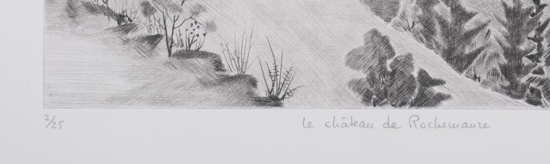 Camille COMBE : Le château de Rochemaure, Gravure originale signée