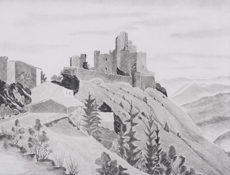 Camille COMBE : Le château de Rochemaure, Gravure originale signée