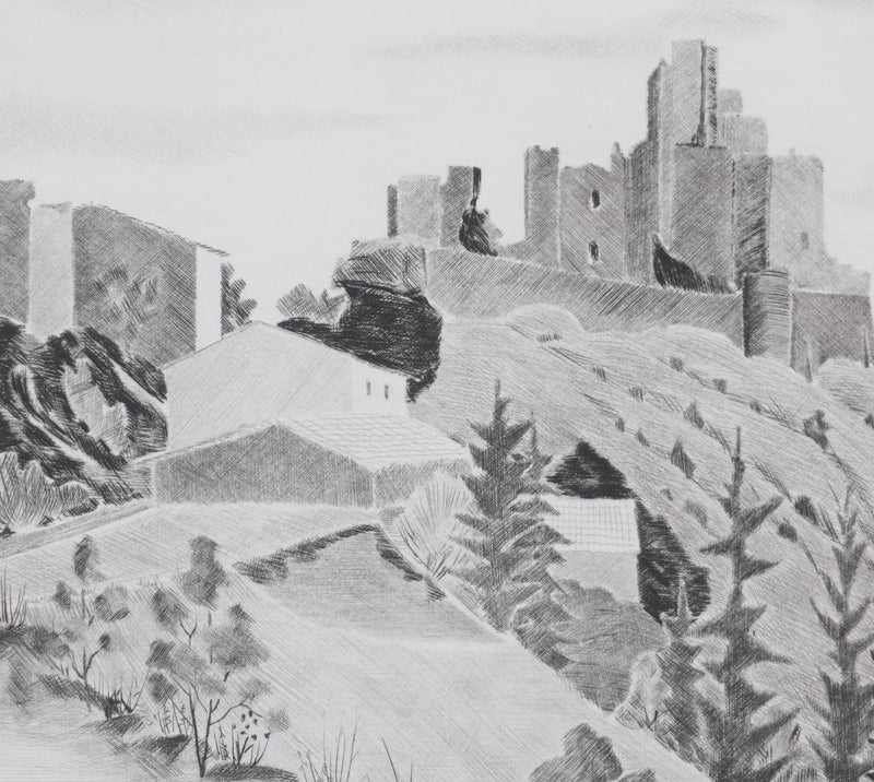 Camille COMBE : Le château de Rochemaure, Gravure originale signée