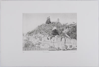 Camille COMBE : Rochemaure, Gravure originale signée