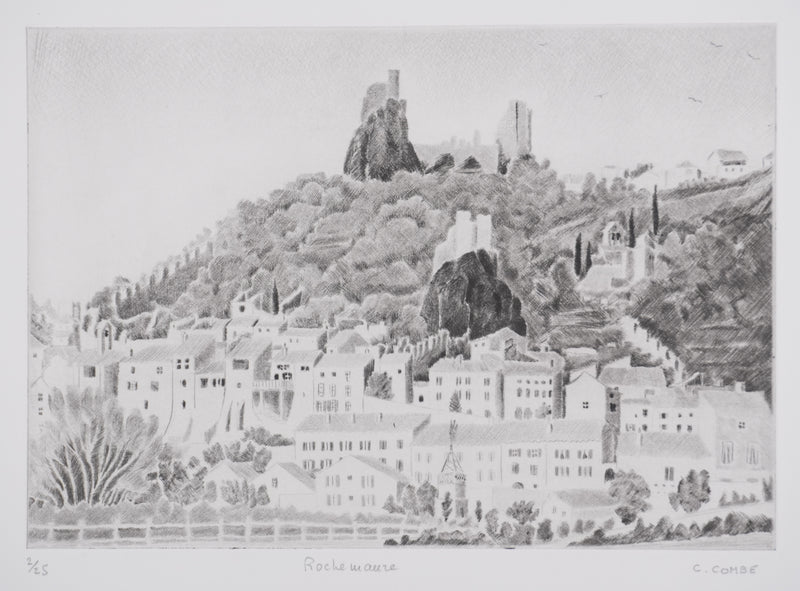 Camille COMBE : Rochemaure, Gravure originale signée