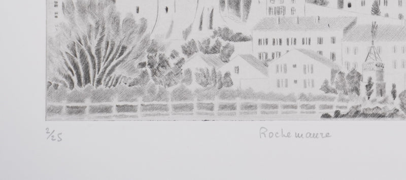 Camille COMBE : Rochemaure, Gravure originale signée