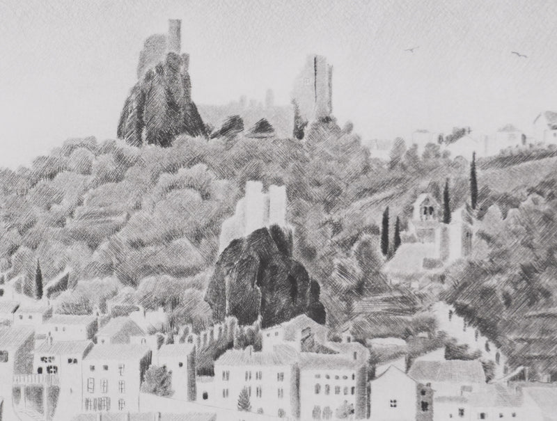 Camille COMBE : Rochemaure, Gravure originale signée
