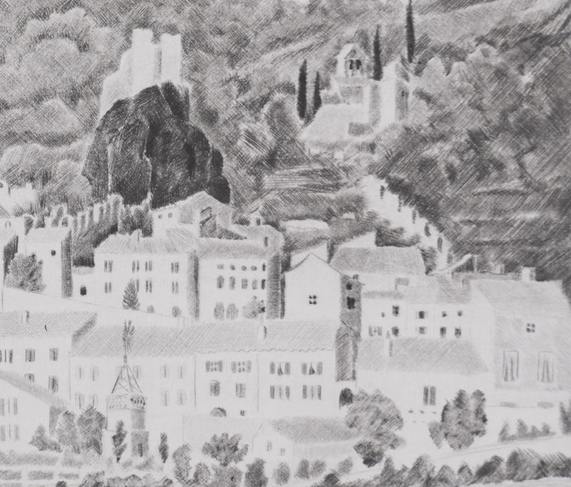 Camille COMBE : Rochemaure, Gravure originale signée