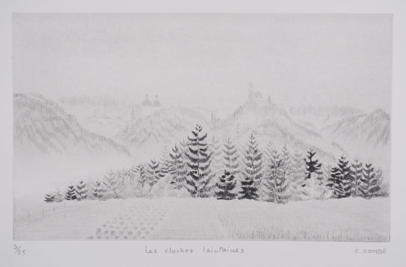 Camille COMBE : Les cloches lointaines, Gravure originale signée