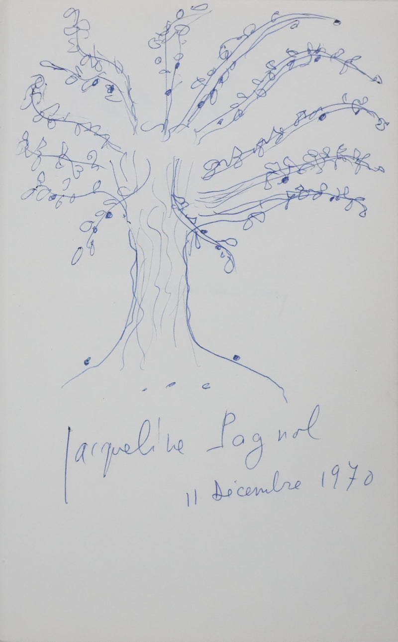Jacqueline PAGNOL : Les feuilles sur les branches, Autographe et dessin original signé