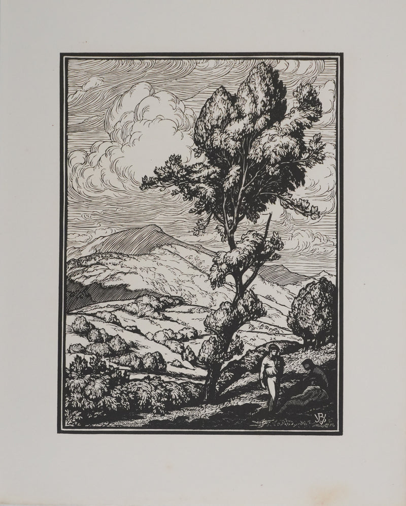 Jean-Baptiste VETTINER : Rhüne, La pause sous les arbres, Gravure originale signée