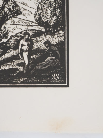 Jean-Baptiste VETTINER : Rhüne, La pause sous les arbres, Gravure originale signée