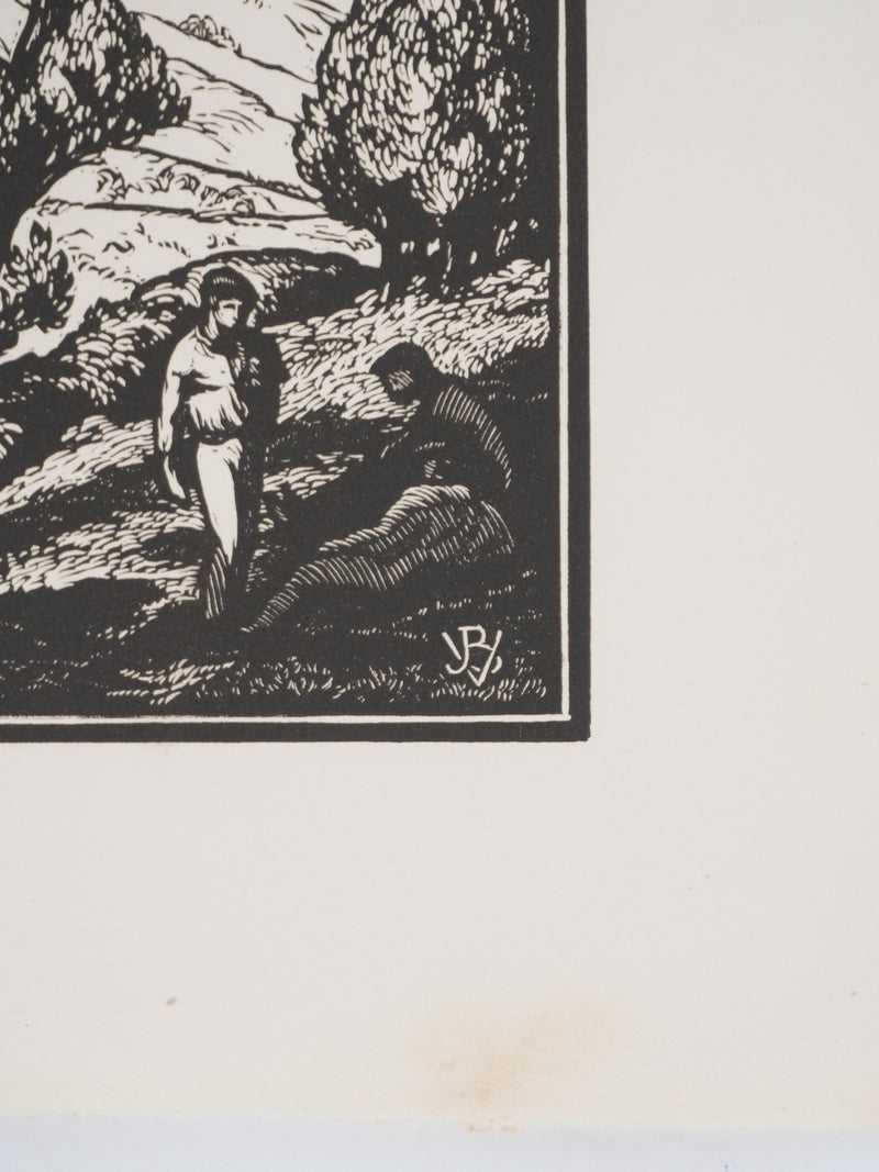 Jean-Baptiste VETTINER : Rhüne, La pause sous les arbres, Gravure originale signée