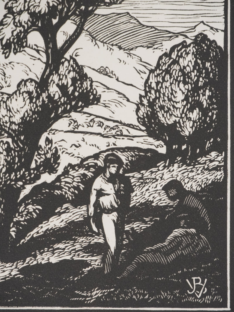 Jean-Baptiste VETTINER : Rhüne, La pause sous les arbres, Gravure originale signée