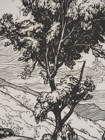 Jean-Baptiste VETTINER : Rhüne, La pause sous les arbres, Gravure originale signée