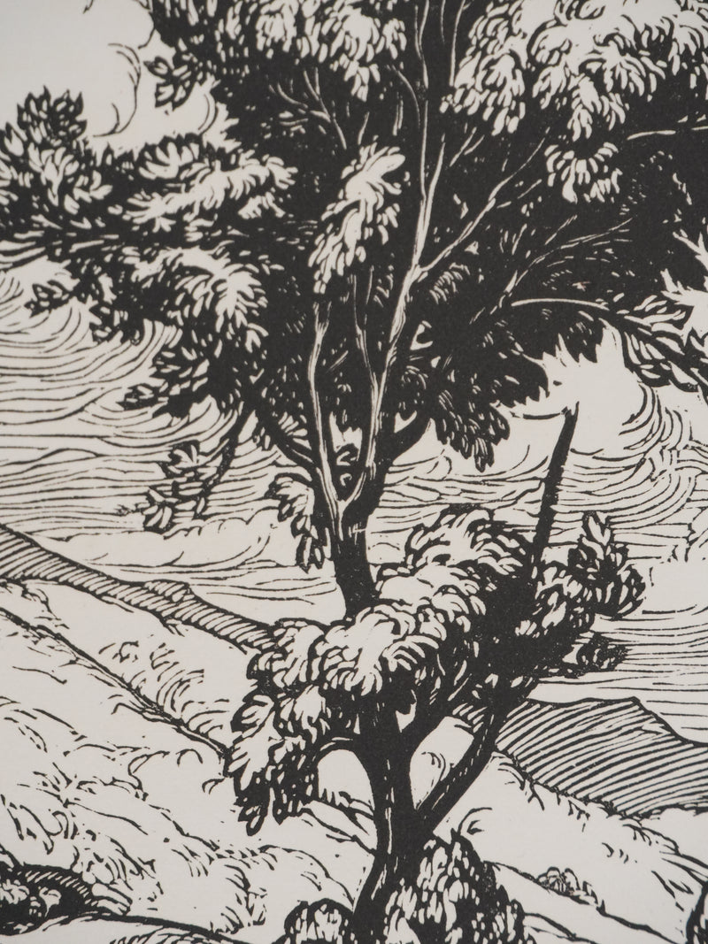Jean-Baptiste VETTINER : Rhüne, La pause sous les arbres, Gravure originale signée