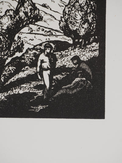 Jean-Baptiste VETTINER : Rhüne, La pause sous les arbres, Gravure originale