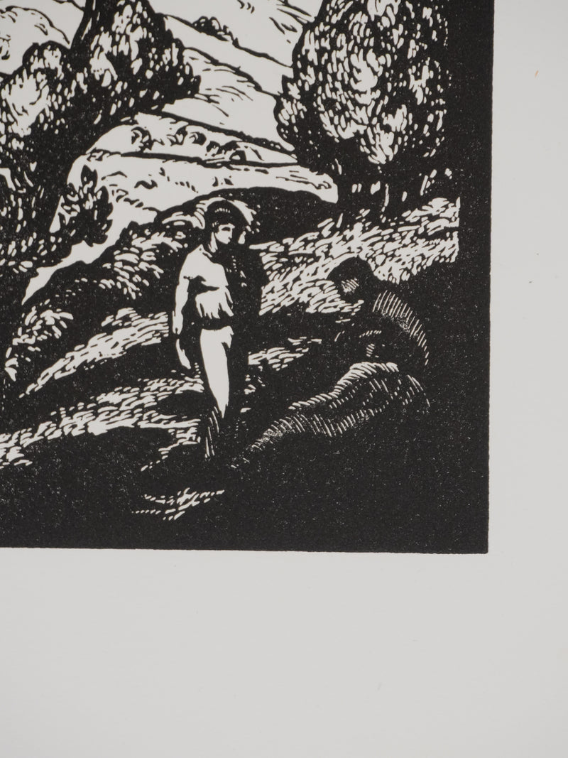 Jean-Baptiste VETTINER : Rhüne, La pause sous les arbres, Gravure originale