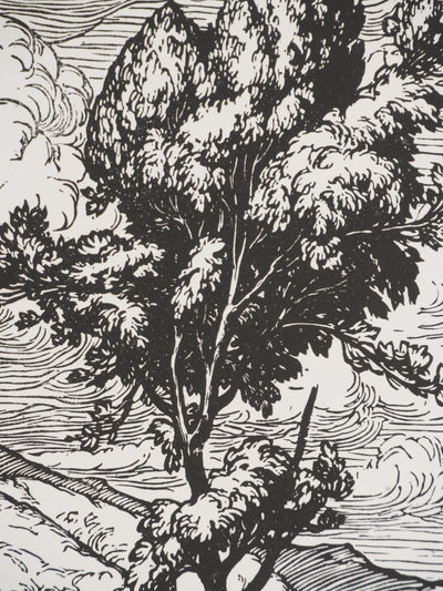 Jean-Baptiste VETTINER : Rhüne, La pause sous les arbres, Gravure originale