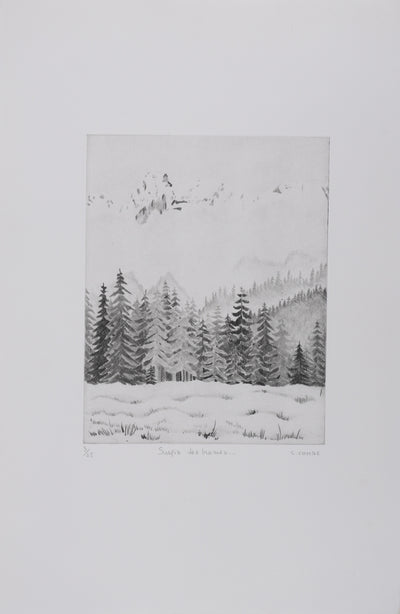 Camille COMBE : Surpris des brumes, Gravure originale signée