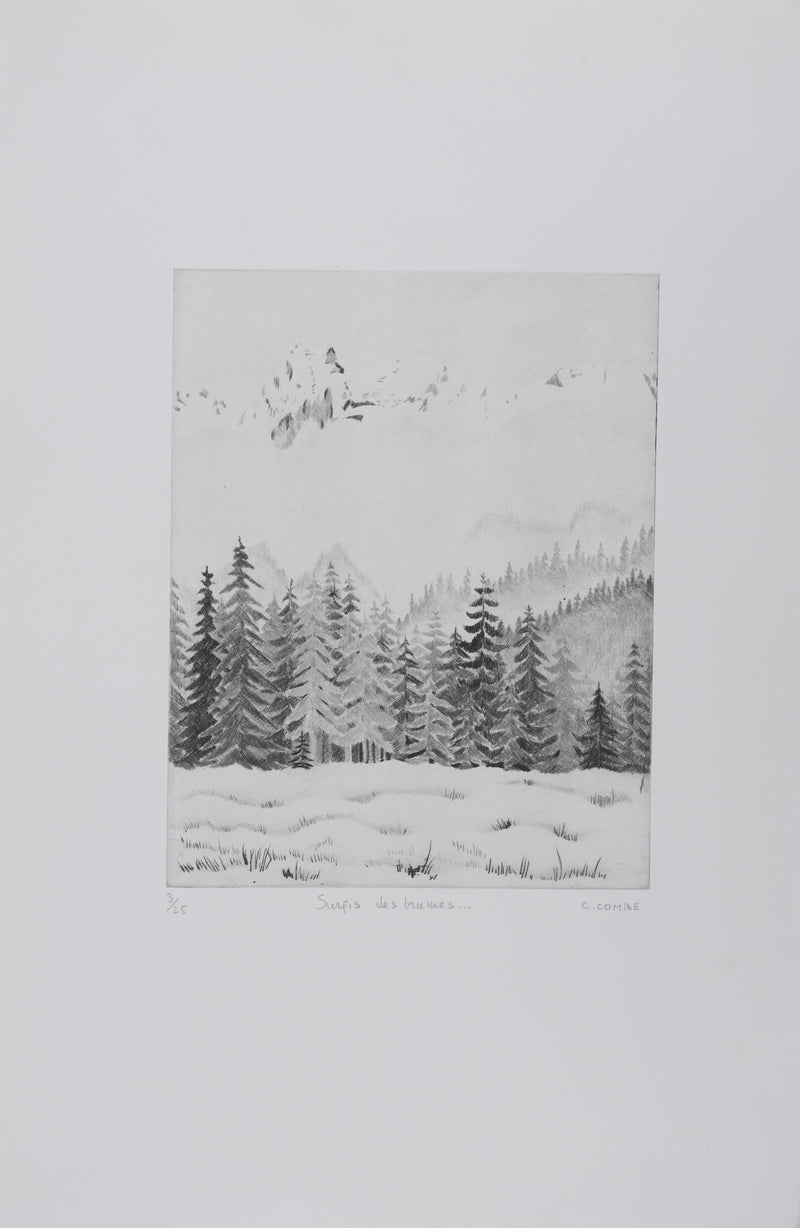 Camille COMBE : Surpris des brumes, Gravure originale signée