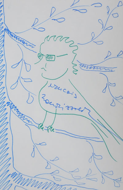 François NOURISSIER : L'oiseau autobiographe, Autographe et dessin original signé