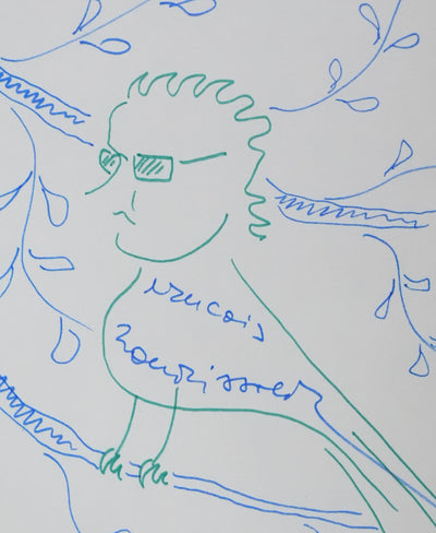 François NOURISSIER : L'oiseau autobiographe, Autographe et dessin original signé