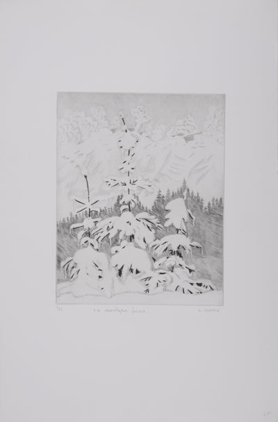 Camille COMBE : La montagne fume, Gravure originale signée