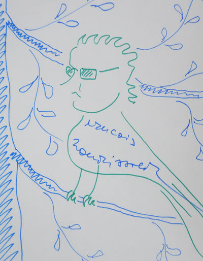 François NOURISSIER : L'oiseau autobiographe, Autographe et dessin original signé