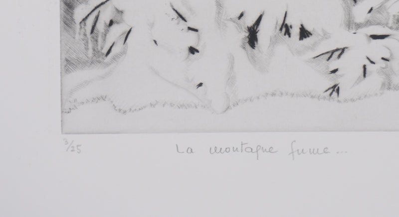 Camille COMBE : La montagne fume, Gravure originale signée