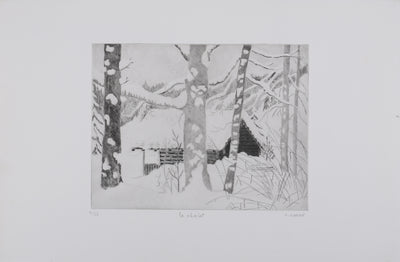 Camille COMBE : Le chalet, Gravure originale signée