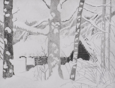 Camille COMBE : Le chalet, Gravure originale signée