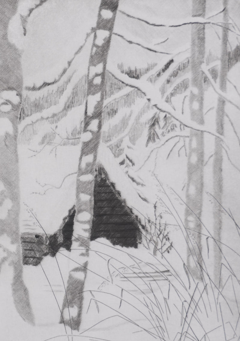 Camille COMBE : Le chalet, Gravure originale signée