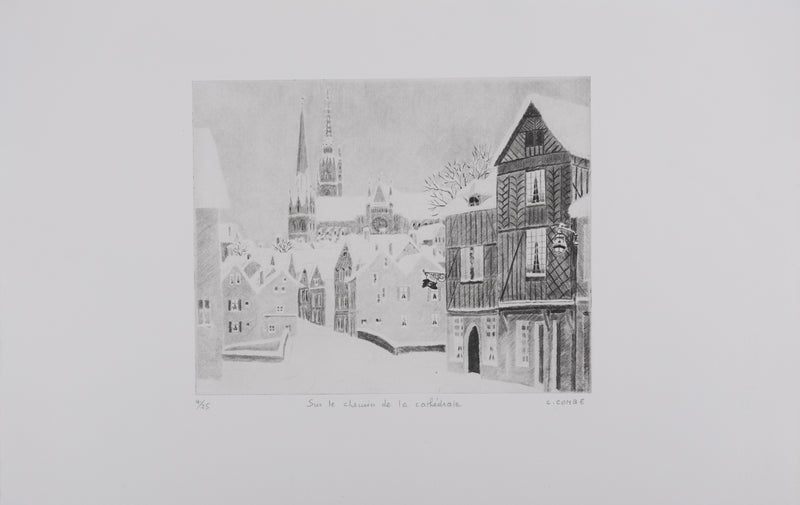 Camille COMBE : Sur le chemin de la cathédrale, Gravure originale signée