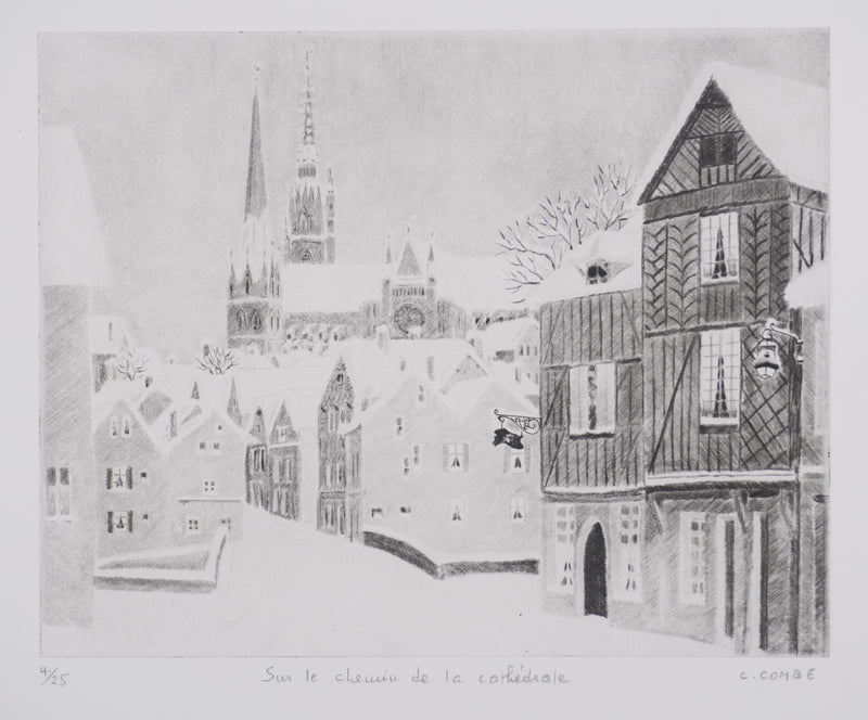 Camille COMBE : Sur le chemin de la cathédrale, Gravure originale signée